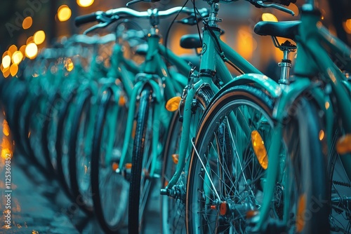 A bicycle rental station is located in the city's public parking area.