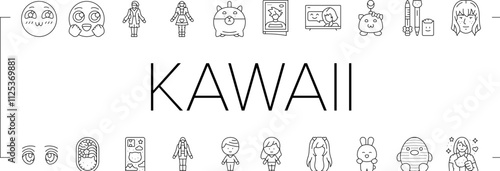 kawaii cute anime emoticon icons set vector. girl manga, rainbow art, game face, girly gamer, candy sticker, star smile kawaii cute anime emoticon black contour illustrations