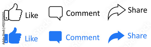 Like, Share and comment icons buttons set with black and blue color. Social media icons set flat and outline style. Like button, thumb up, comment, repost and share icon buttons. Vector illustration.