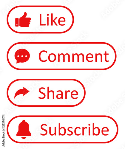 Like, Share, comment and subscribe icons buttons set in red color. Social media notification icon outline style. Like, thumb up, subscribe, comment, repost and share icon buttons. Vector illustration.