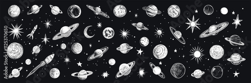 space doodle engraving. planets stars rockets monochrome hand drawn set, moon jupiter sun stars vector illustration