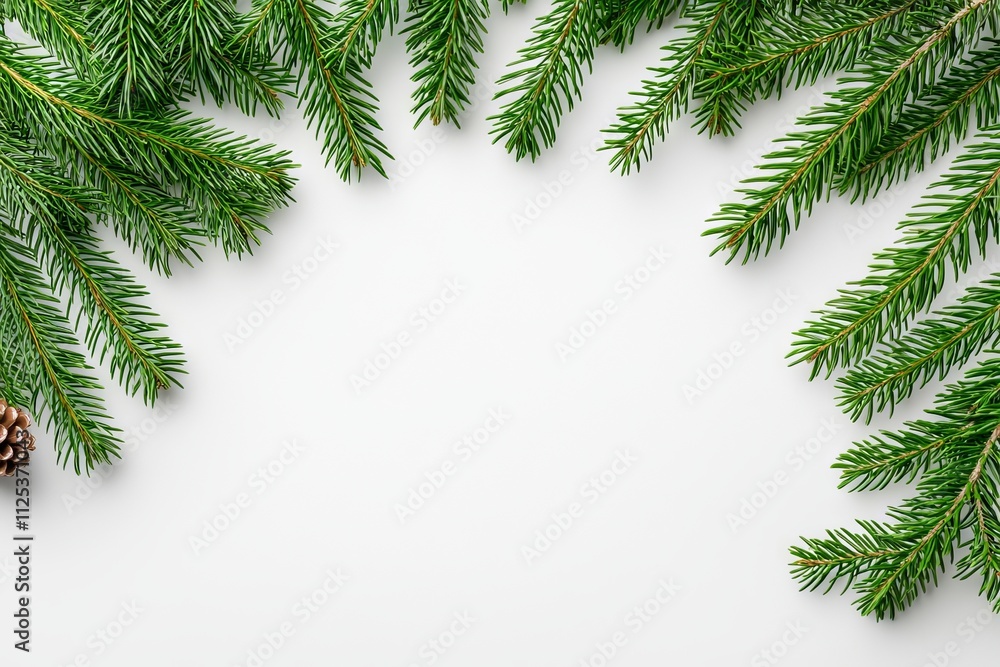 A white surface featuring fir branches and acorns, with space available for text. A white surface featuring fir branches and acorns, with space available for text.