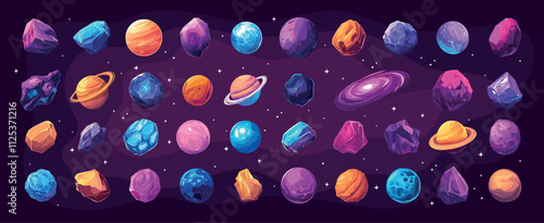 space objects cartoon set. planets asteroids comets galaxy, colored alien universe stars stones game vector illustration