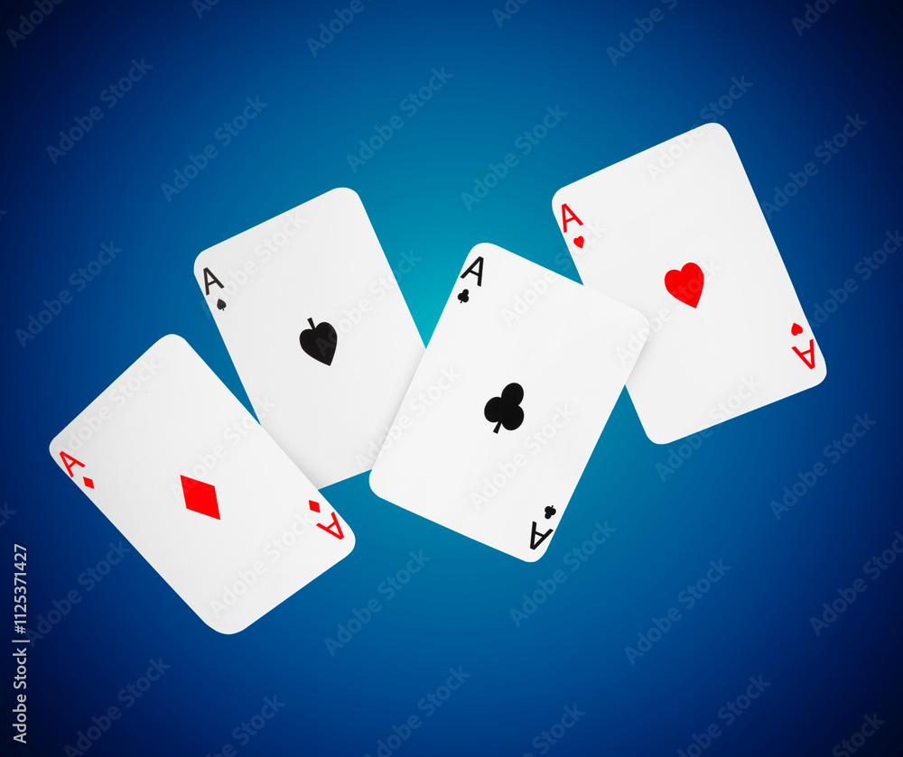 Four aces in air on blue gradient background. Poker and other card games Four aces in air on blue gradient background. Poker and other card games