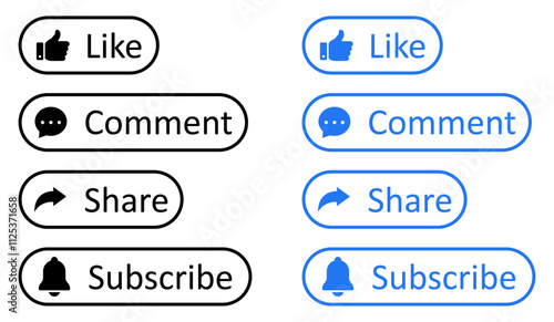 Like, Share, subscribe and comment icons buttons set with black and blue color. Social media icons flat and outline style. Like, thumb up, comment, repost and share icon buttons. Vector illustration.