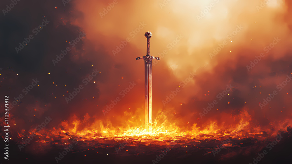 Naklejka premium A sword stands upright in the ground, surrounded by glowing embers and radiant light, set in a dramatic and fiery atmosphere. Radiant. Illustration