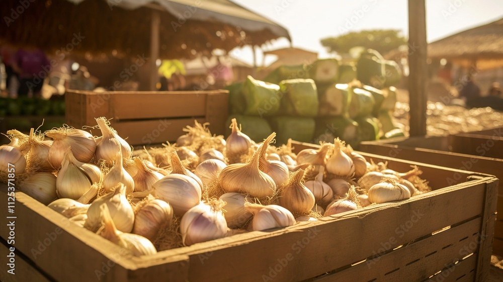 Fototapeta premium A photo of bins of farm-fresh onions and garlic