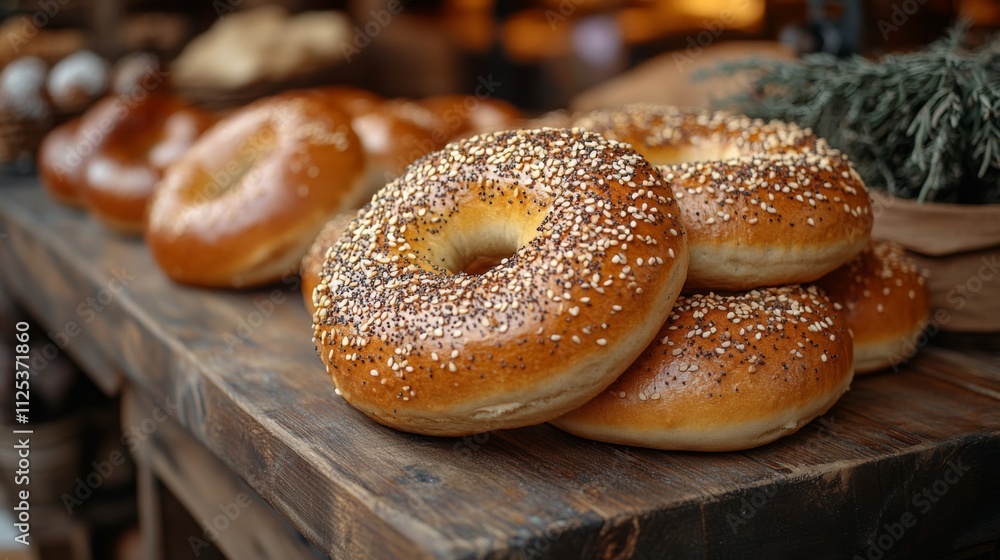 A selection of freshly baked bagels topped with sesame and poppy seeds is beautifully arranged, on a rustic wooden table in a cozy bakery environment. A selection of freshly baked bagels topped with sesame and poppy seeds is beautifully arranged, on a rustic wooden table in a cozy bakery environment.