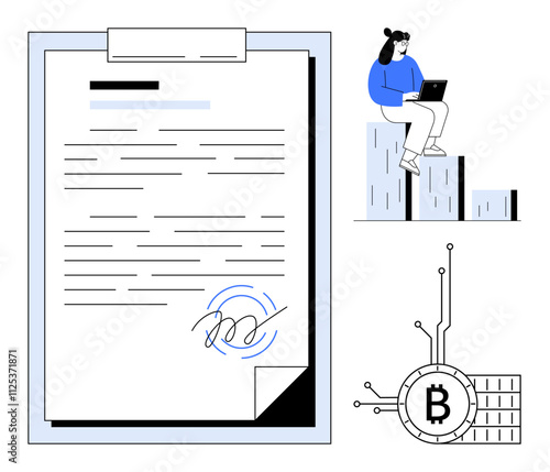 Large contract with signature on the left, woman working on a laptop sitting on ascending bar chart, Bitcoin symbol representing cryptocurrency. Ideal for finance, technology, contracts, digital