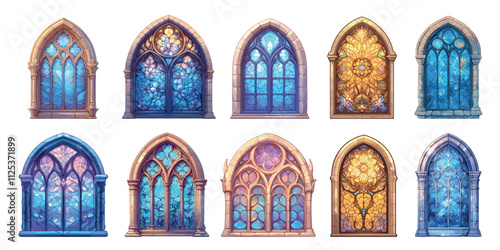 stained glass windows cartoon. gothic mosaic stone window, pointed arch medieval architecture castle elves fantasy vector illustration