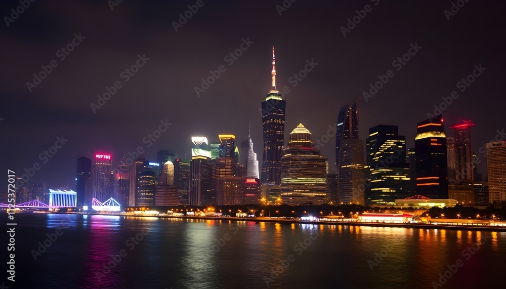 Vibrant City Skyline Illuminated at Night with Reflections in Water Vibrant City Skyline Illuminated at Night with Reflections in Water