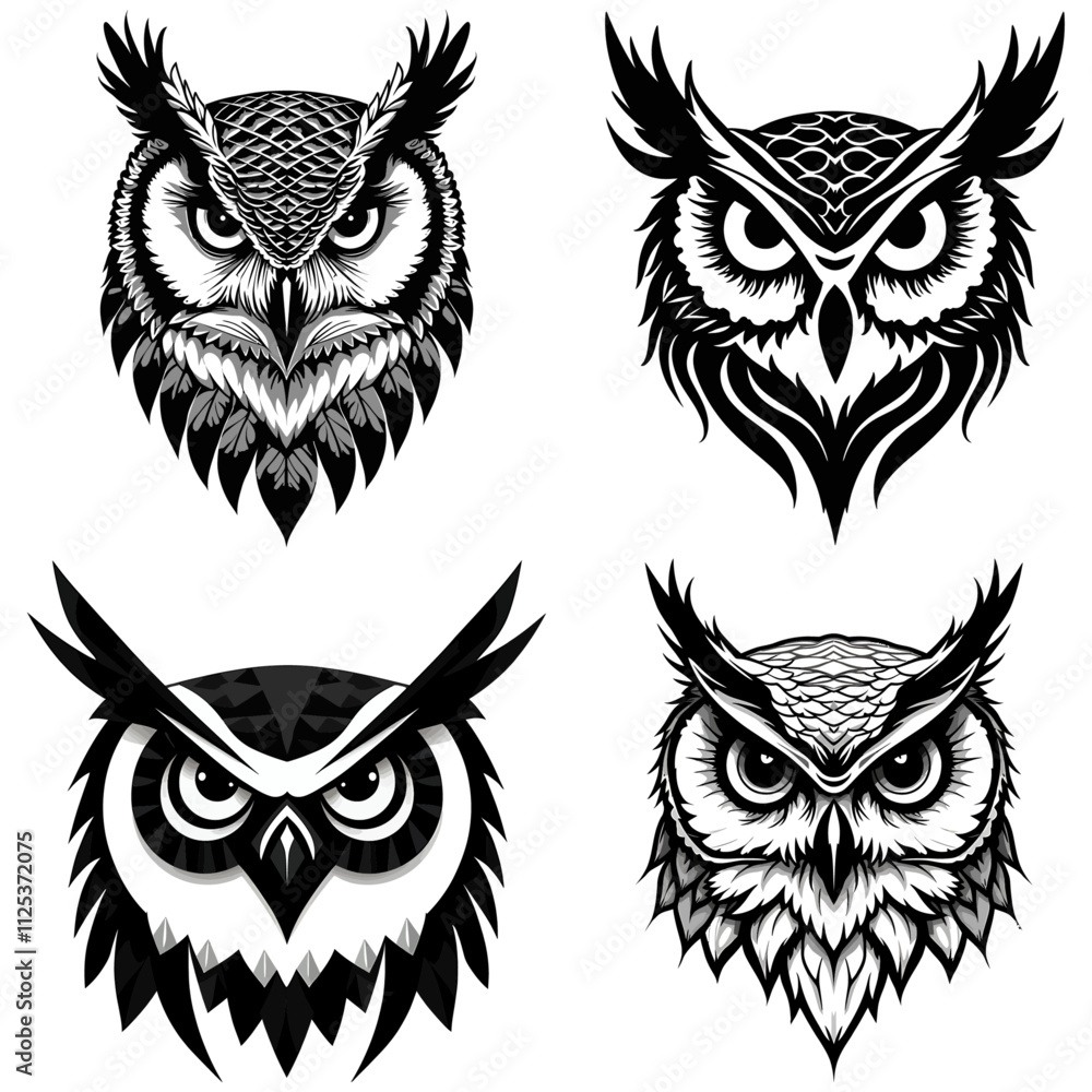 Fototapeta premium Owl face silhouette logo vector illustration set