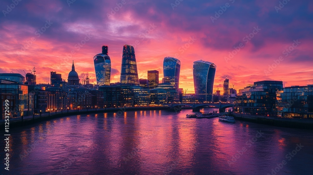Naklejka premium Stunning sunset over London skyline with vibrant colors reflecting on the River Thames