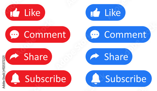 Like, Share, subscribe and comment icons buttons set with blue and red color. Like button, thumb up, comment, repost and share icon buttons. Social media icon set in flat style. Vector illustration.