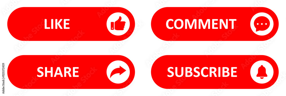 Like, Share, comment and subscribe icon buttons set with red color. Like, thumb up, subscribe, comment, repost and share icons buttons. Social media notification icons flat style. Vector illustration. Like, Share, comment and subscribe icon buttons set with red color. Like, thumb up, subscribe, comment, repost and share icons buttons. Social media notification icons flat style. Vector illustration.