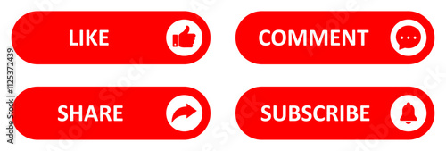 Like, Share, comment and subscribe icon buttons set with red color. Like, thumb up, subscribe, comment, repost and share icons buttons. Social media notification icons flat style. Vector illustration.