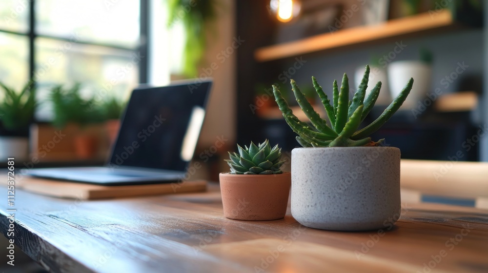 Succulents in pots on wooden desk near laptop. Succulents in pots on wooden desk near laptop.