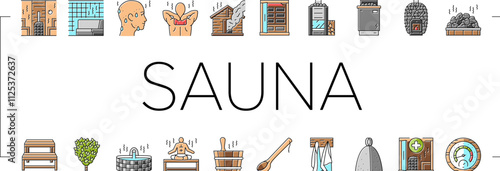 sauna bath spa relax steam room icons set vector. wellness towel, woman hot, beauty shower, wooden aromatherapy, care hygiene sauna bath spa relax steam room color line illustrations