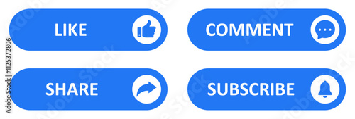 Like, Share, comment and subscribe icon buttons set with blue color. Like, thumb up, subscribe, comment, repost and share icons buttons. Social media vector icons set flat style. Vector illustration.