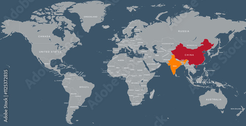 Photography A detailed world map with India and china prominently highlighted in different colors