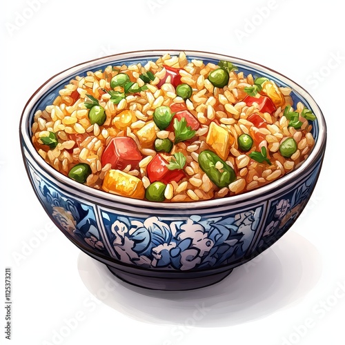 Chinese fried rice national cuisine dish isolated on white background colorful cartoon illustration photo