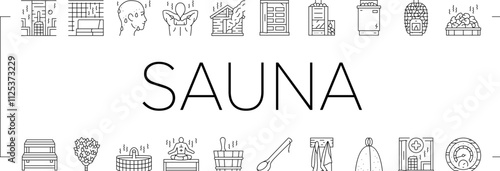 sauna bath spa relax steam room icons set vector. wellness towel, woman hot, beauty shower, wooden aromatherapy, care hygiene sauna bath spa relax steam room black contour illustrations
