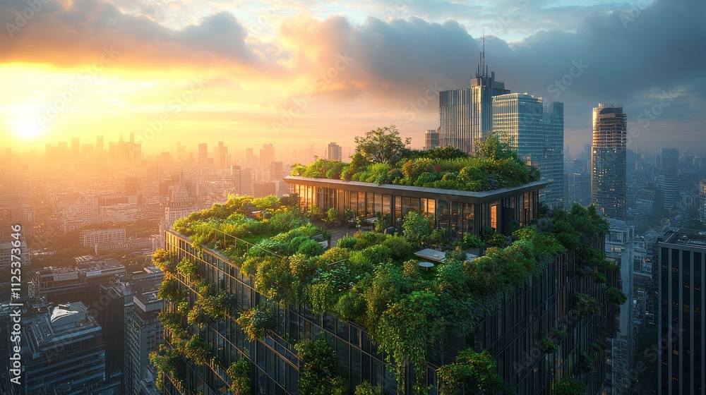 Obraz premium A bird's-eye view of a lush rooftop garden highlighting sustainable urban development in the city.