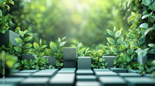 The idea of urban greenery highlights the incorporation of green areas into the cityscape, with abstract cubes, representing buildings, covered in vibrant green foliage. photo