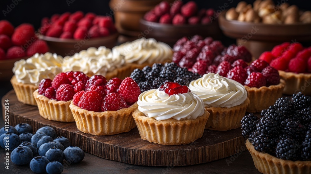A selection of colorful fruit tarts topped with raspberries, blackberries, and whipped cream sits on a rustic wooden platter. The inviting setup showcases a delightful dessert arrangement. A selection of colorful fruit tarts topped with raspberries, blackberries, and whipped cream sits on a rustic wooden platter. The inviting setup showcases a delightful dessert arrangement.
