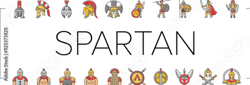 spartan warrior helmet roman icons set vector. soldier sparta, battle armor, gladiator head, greek ancient, knight spartan warrior helmet roman color line illustrations