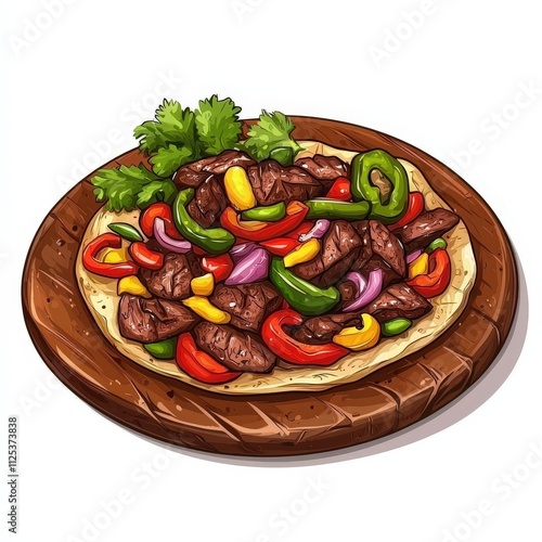 Mexican discada plow disc bbq national cuisine dish isolated on white background, colorful cartoon illustration photo