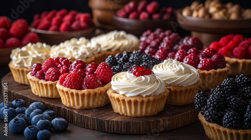 A selection of colorful fruit tarts topped with raspberries, blackberries, and whipped cream sits on a rustic wooden platter. The inviting setup showcases a delightful dessert arrangement.