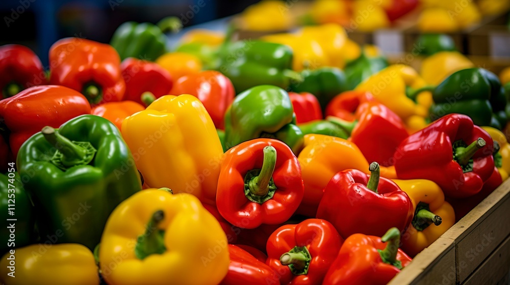 A photo of crates of colorful bell peppers at a vegetable A photo of crates of colorful bell peppers at a vegetable