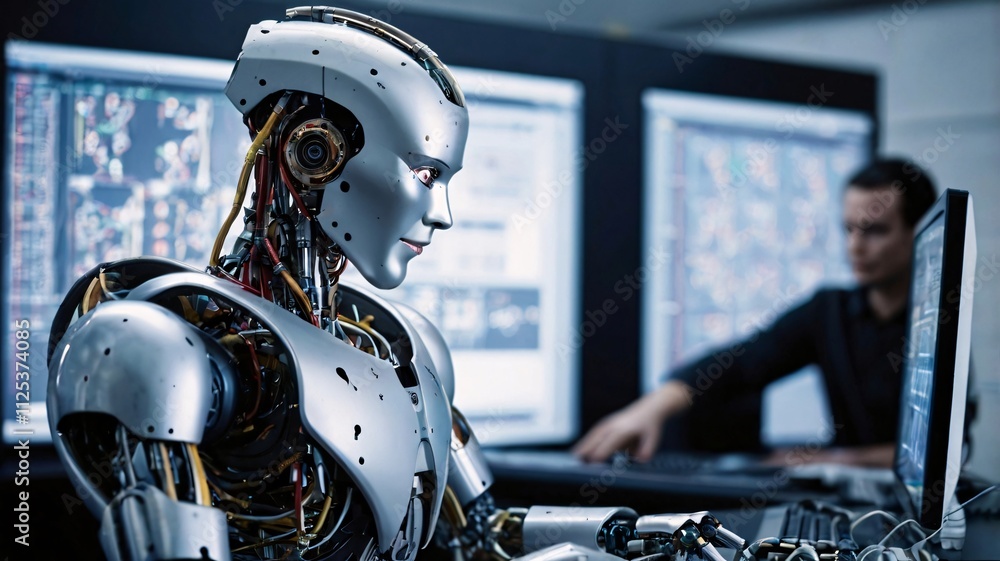 Fototapeta premium The robot has a metallic yet human-like appearance with glowing blue accents robot, cyborg