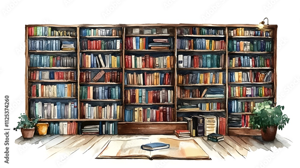Cozy Home Library with Tall Bookshelves Filled with Colorful Books, Open Book on Floor, Perfect Ambience for Reading and Learning, Indoor Relaxation Environment Cozy Home Library with Tall Bookshelves Filled with Colorful Books, Open Book on Floor, Perfect Ambience for Reading and Learning, Indoor Relaxation Environment