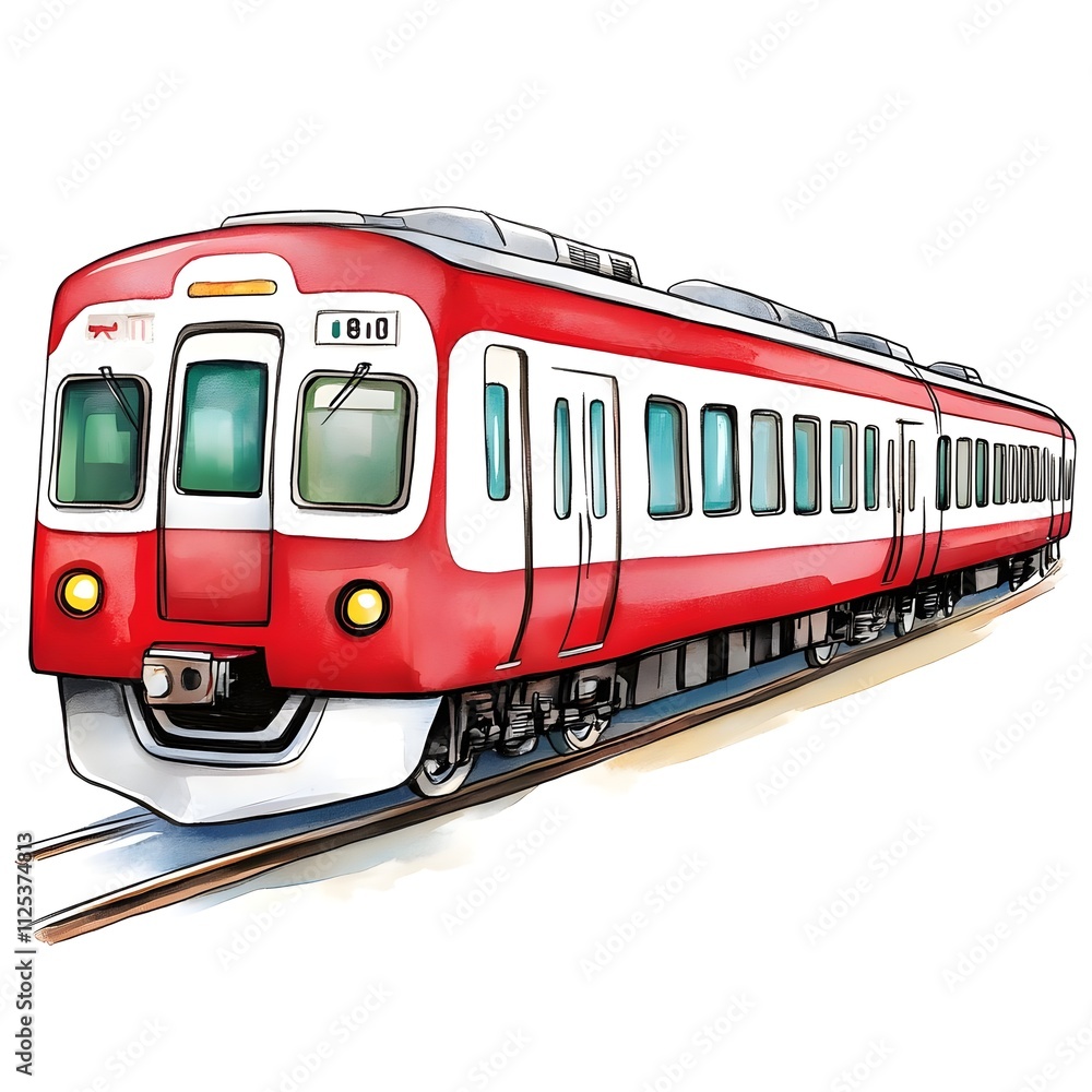 Naklejka premium Bright Red Train Illustration with Distinctive Design on Tracks Surrounded by Soft Colors and Subtle Details, Perfect for Travel and Transport Themes