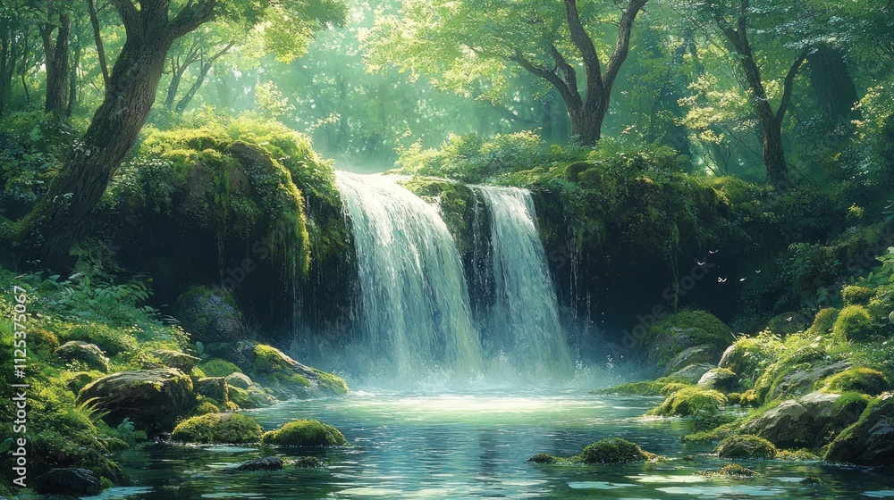Sunlit waterfall cascading into a tranquil forest pool. Sunlit waterfall cascading into a tranquil forest pool.