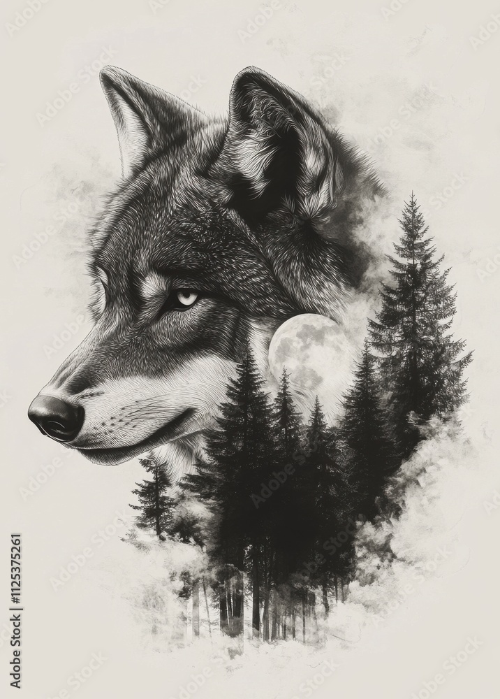 Double Exposure of Wolf Portrait and Forest Trees Under Moonlight Double Exposure of Wolf Portrait and Forest Trees Under Moonlight