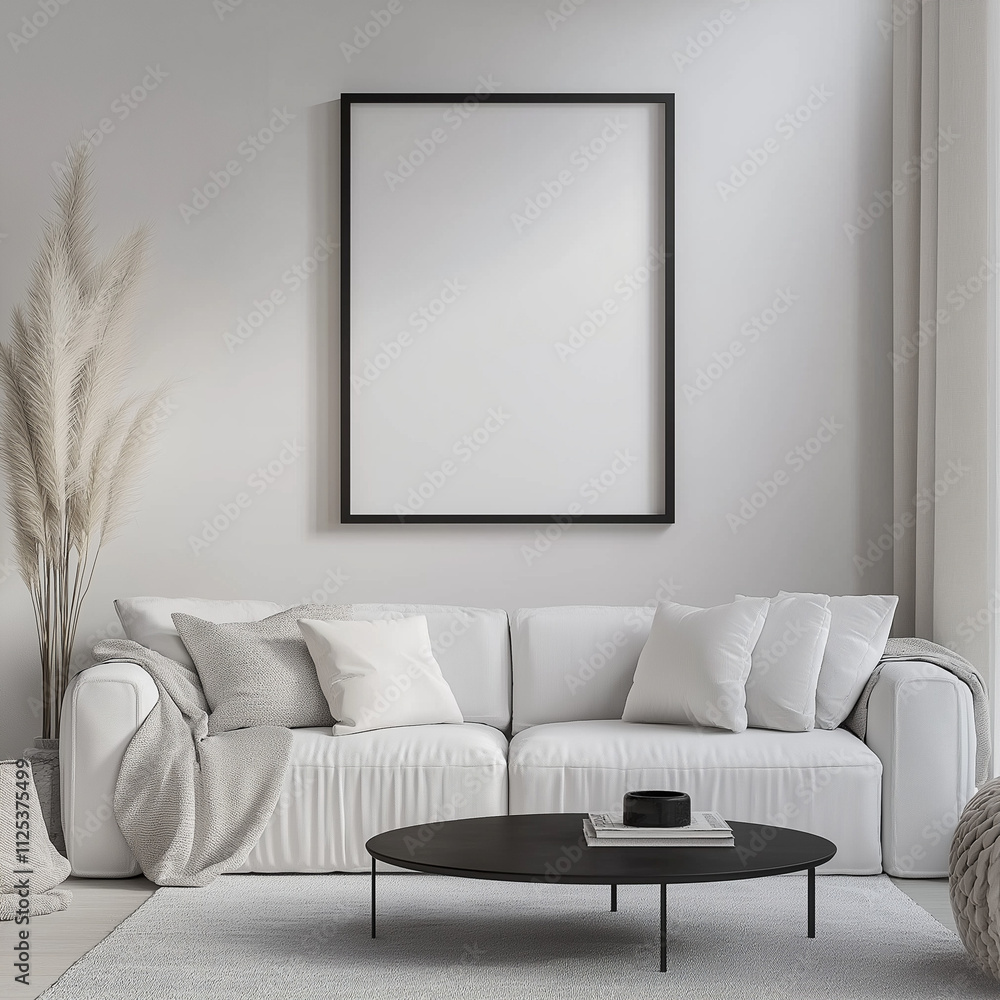 White and Black Living Room Mockup with Small 1:1 Black Square Frame White and Black Living Room Mockup with Small 1:1 Black Square Frame