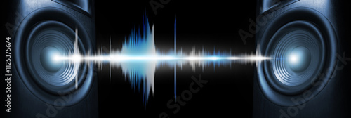 Sound waves between loudspeakers on black background, banner design
