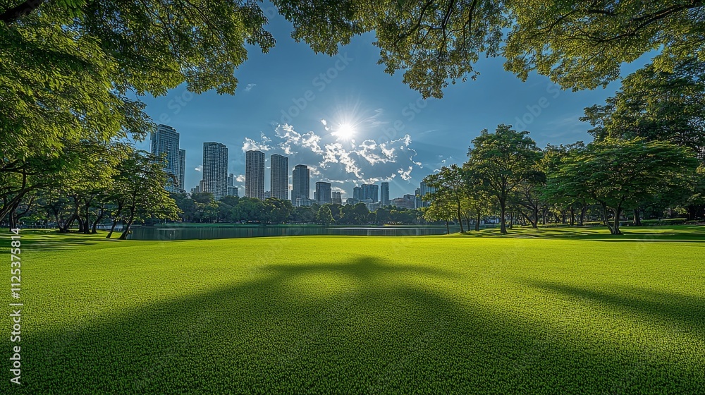 Naklejka premium A stunning scene of the city park features a vibrant green lawn and a cloudy blue sky.