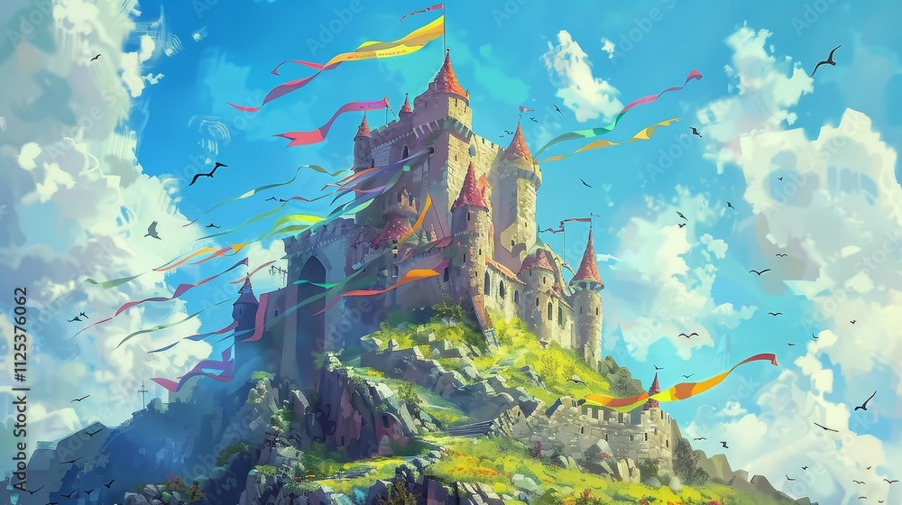 Fototapeta premium A majestic castle on a hill, adorned with colorful ribbons, surrounded by a bright sky and clouds.