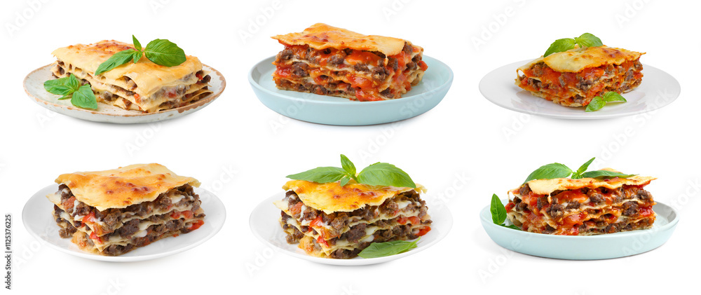 Pieces of delicious lasagna isolated on white, set Pieces of delicious lasagna isolated on white, set
