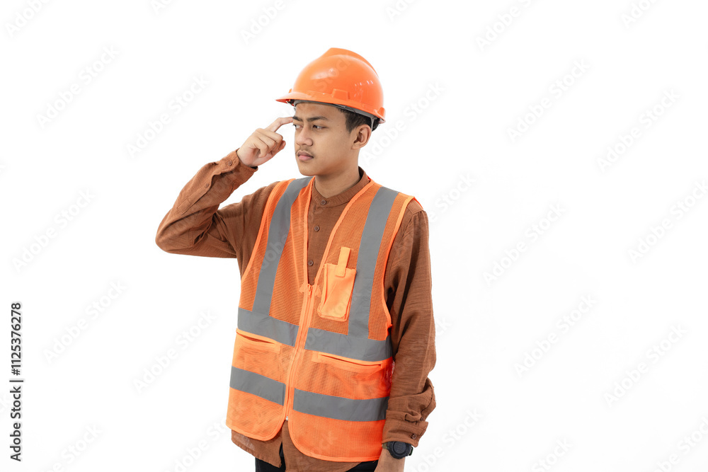 Young Indonesian male construction worker in full safety gear looking thoughtful with index finger touching forehead, industrial and construction concept, isolated on white background. Young Indonesian male construction worker in full safety gear looking thoughtful with index finger touching forehead, industrial and construction concept, isolated on white background.