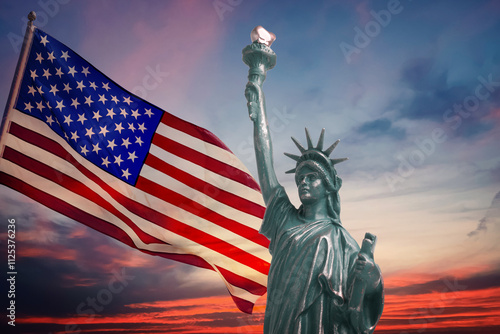 Statue of Liberty and American flag against sunset sky