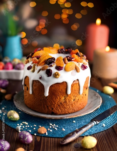 Golden-brown kulich on a rustic wooden table, decorated with white glaze and colorful sprinkles. photo