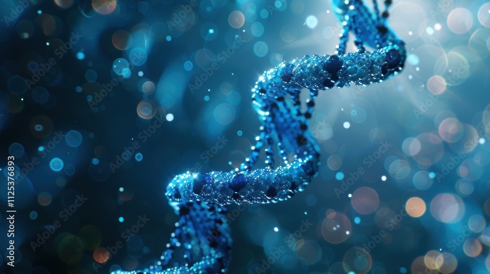 Elegant blue DNA double helix spiral with radiant light bokeh and bubbles, creating a serene blue backdrop Elegant blue DNA double helix spiral with radiant light bokeh and bubbles, creating a serene blue backdrop