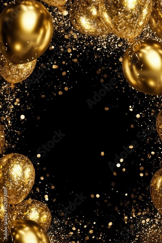 A vertical celebration frame with metallic gold balloons and a dark background, perfect for sale or grand opening banners. -
