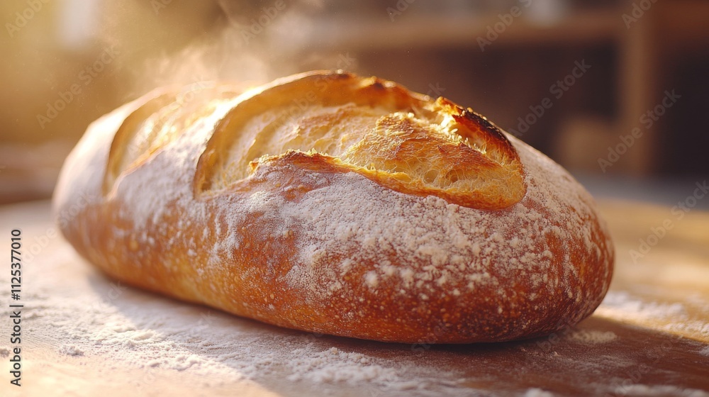 A crusty sourdough loaf sits atop a wooden surface, dusted with flour, as warm sunlight casts a glowing light, enhancing its golden crust.