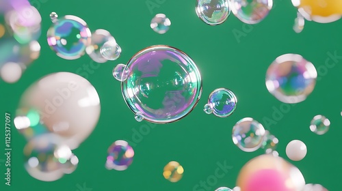 A Playful Scene of Colorful Bubbles Floating Against a Vibrant Green Background